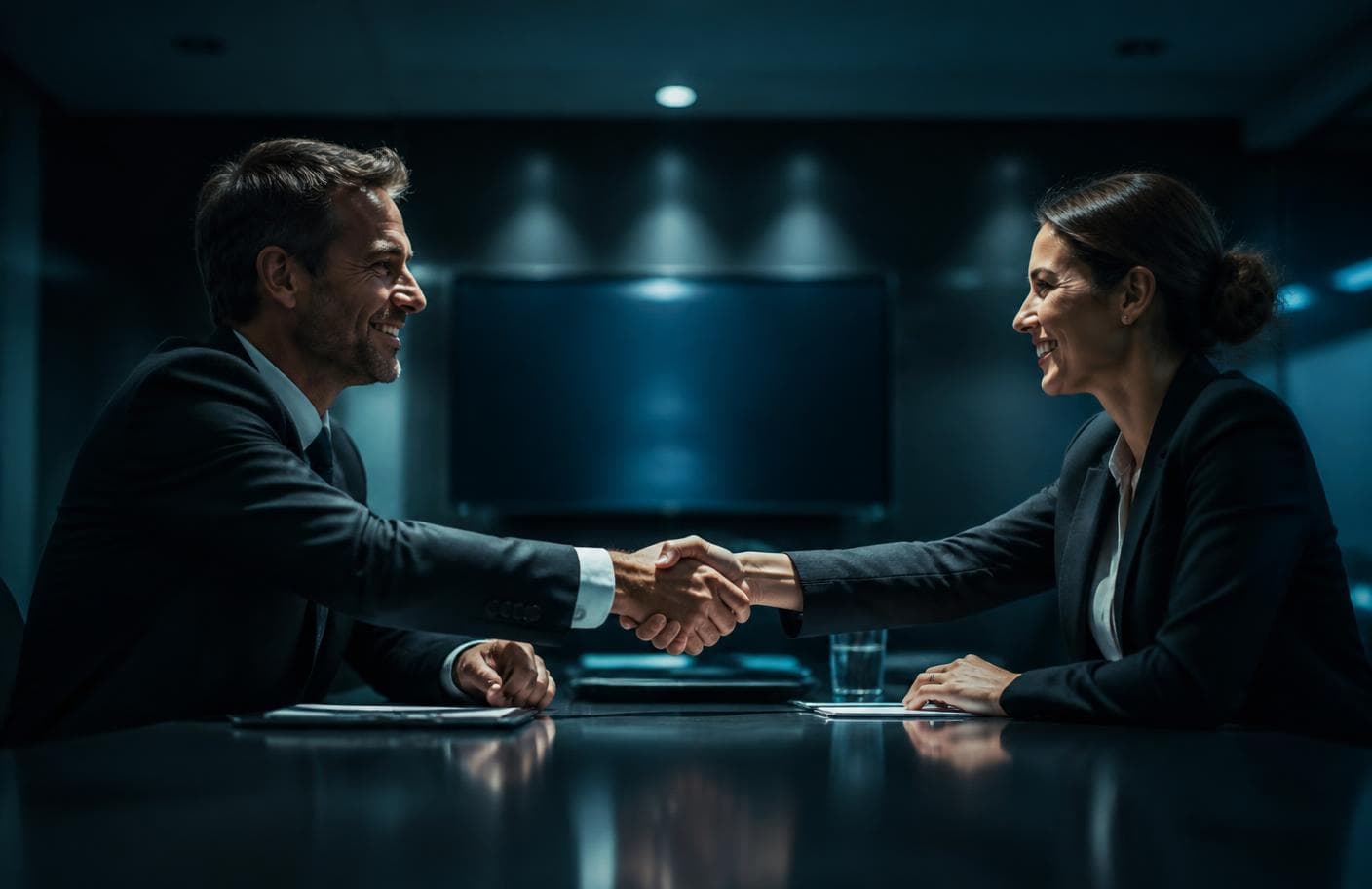 Two verified TLN members closing a deal in a boardroom